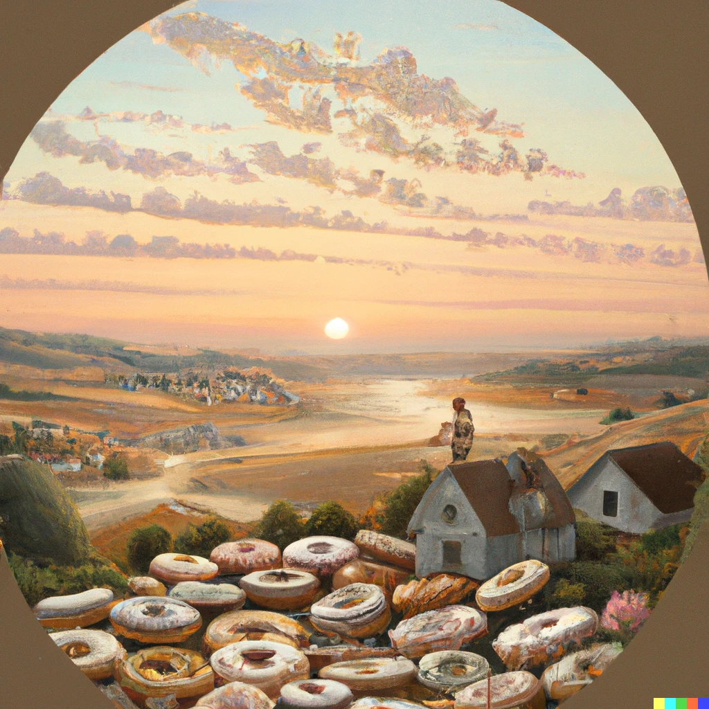 Prompt:  norman rockwell painting of a landscape made of donuts, setting sun, detailed, digital art