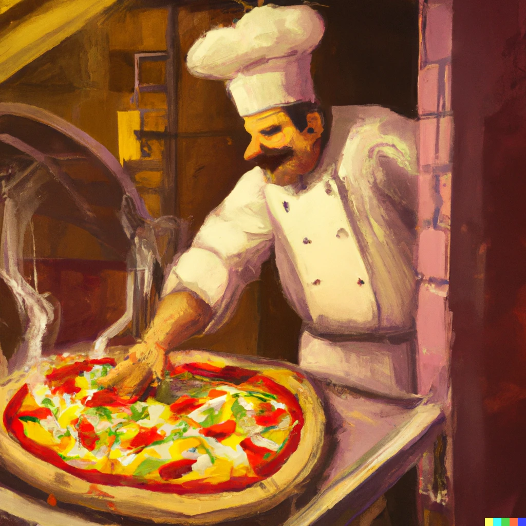 Prompt: Painting of pizza chef taking out appetizing pizza with steaming coming off coming out of oven, colorful, bright, detailed, digital art