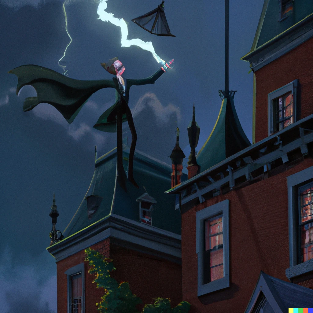 Prompt: norman rockwell painting of vampire on the roof of haunted mansion,, lightning, digital art