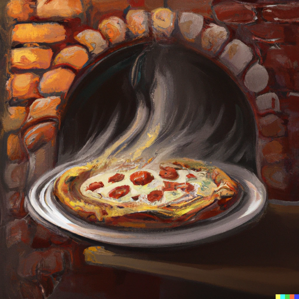 Prompt: painting of a delicious steaming pizza, brick oven, digital art