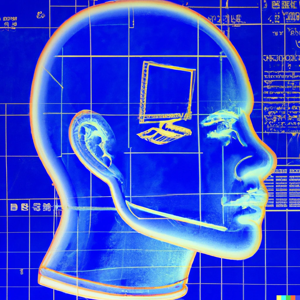 Prompt: blueprint of a human head shown on a 1990's windows personal computer