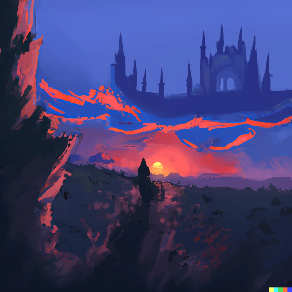 Prompt: sunset on mountain range with a giant castle depicted in the clouds