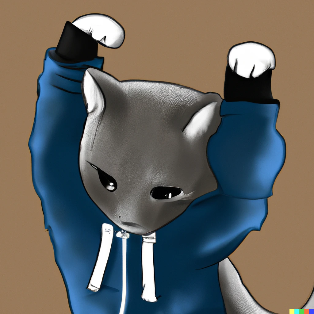 Prompt: a gray cat wearing a blue hoodie with a human body