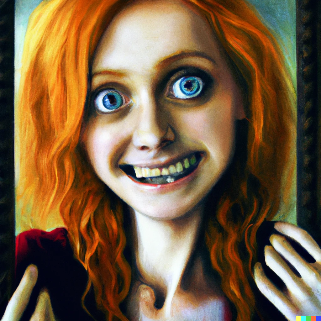 Prompt: horror oil painting of a pretty ginger girl with recursive smiles