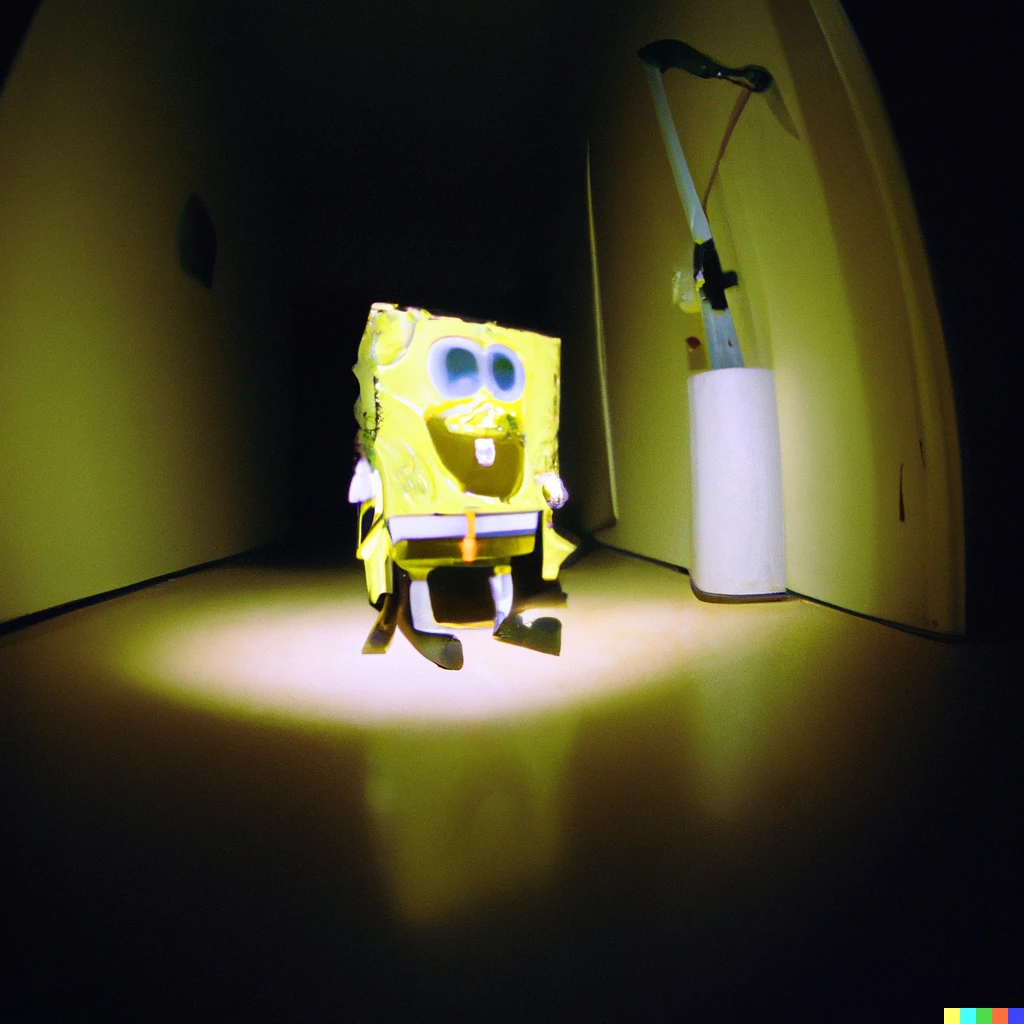 Prompt: spongebob standing in the middle of a dimly lit hallway, lit by flashlight from photographer's perspective, vhs footage, wide angle"