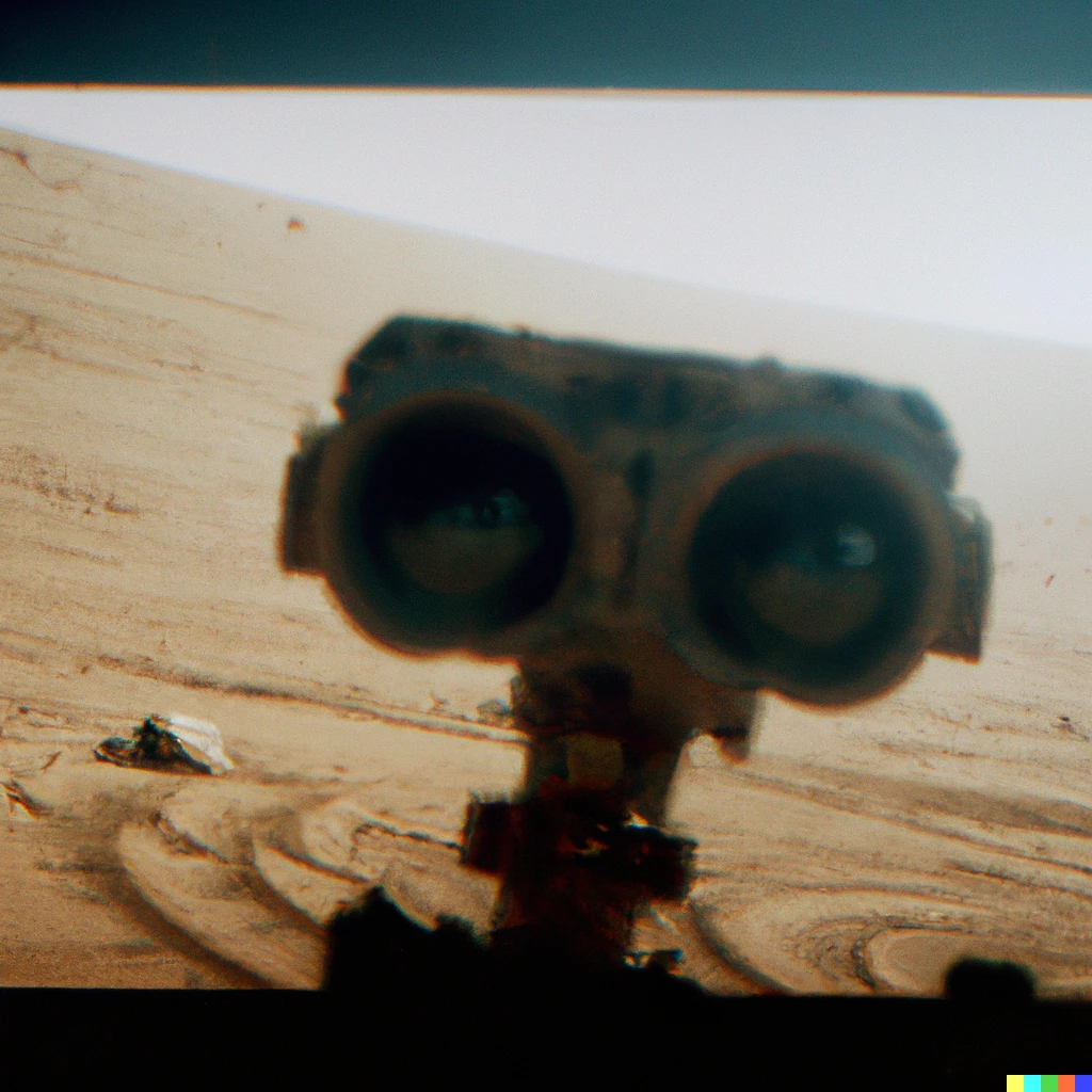 Prompt: NASA released this grainy, low-resolution photo taken by the Curiosity rover on Mars depicting an alien staring at the rover's camera. NASA/JPL-CALTECH.