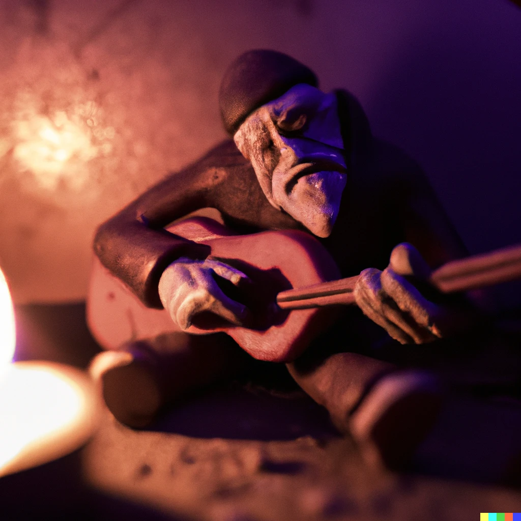 Prompt: Claymation art of a old man playing guitar, 100mm, candle lightning, industrial colours, extremely detailed