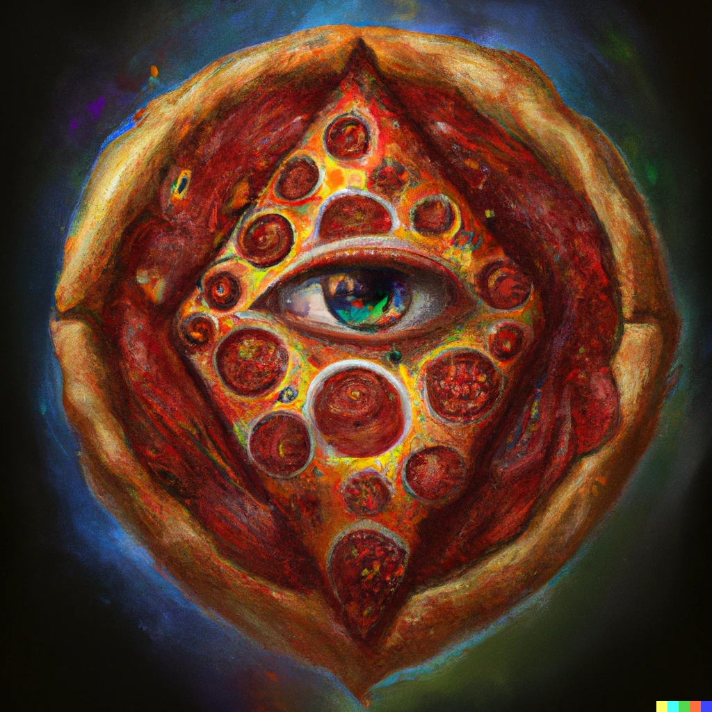 Prompt: pizza by alex grey, digital art
