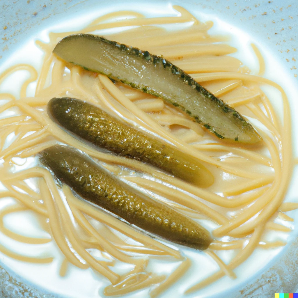 Prompt: spaghetti in milk with pickles, product photo from cookboook
