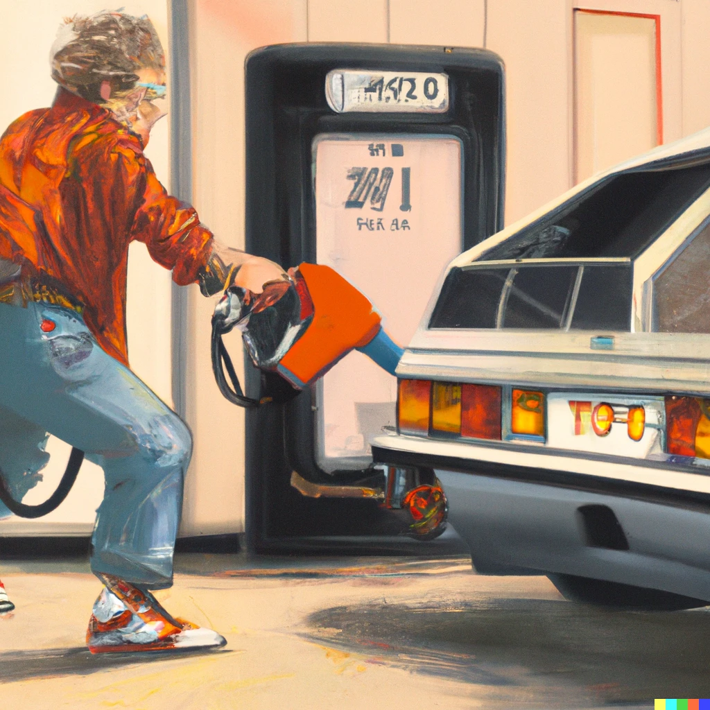 Prompt: painting of marty mcfly pumping gas into Delorean with flux capacitor shining, sharp detail, digital art, style of miyazaki