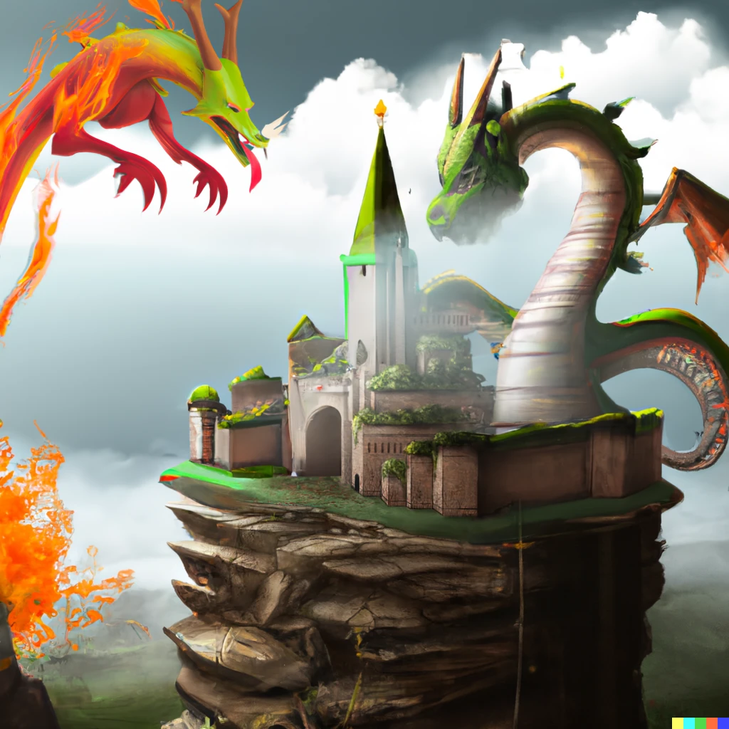 Prompt: giant volcano in background, dragon breathing fire with giant castle in the sky, on a giant floating island, detailed, digital art