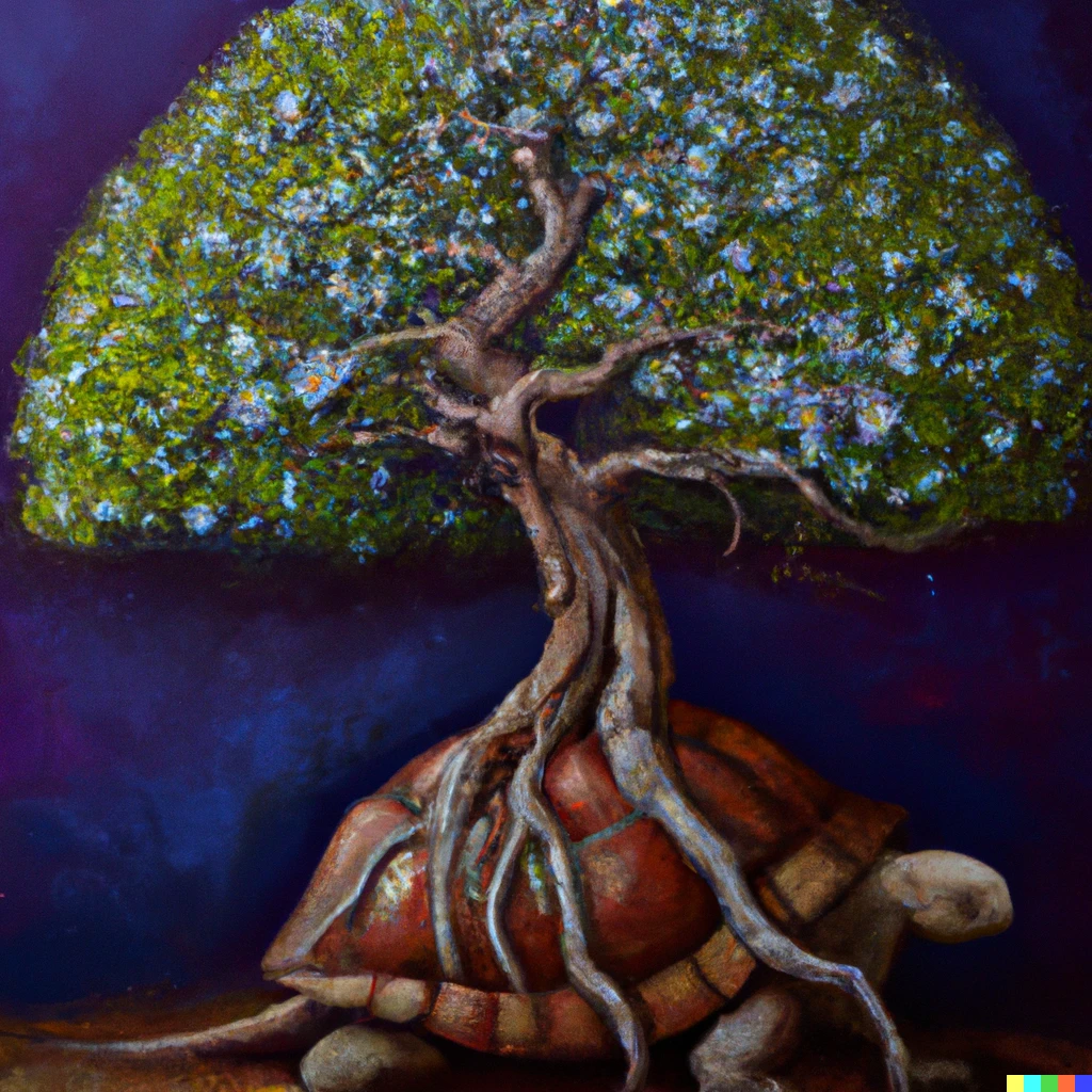 Prompt: beautiful painting of a tree growing out of turtle shell, detailed, digital art