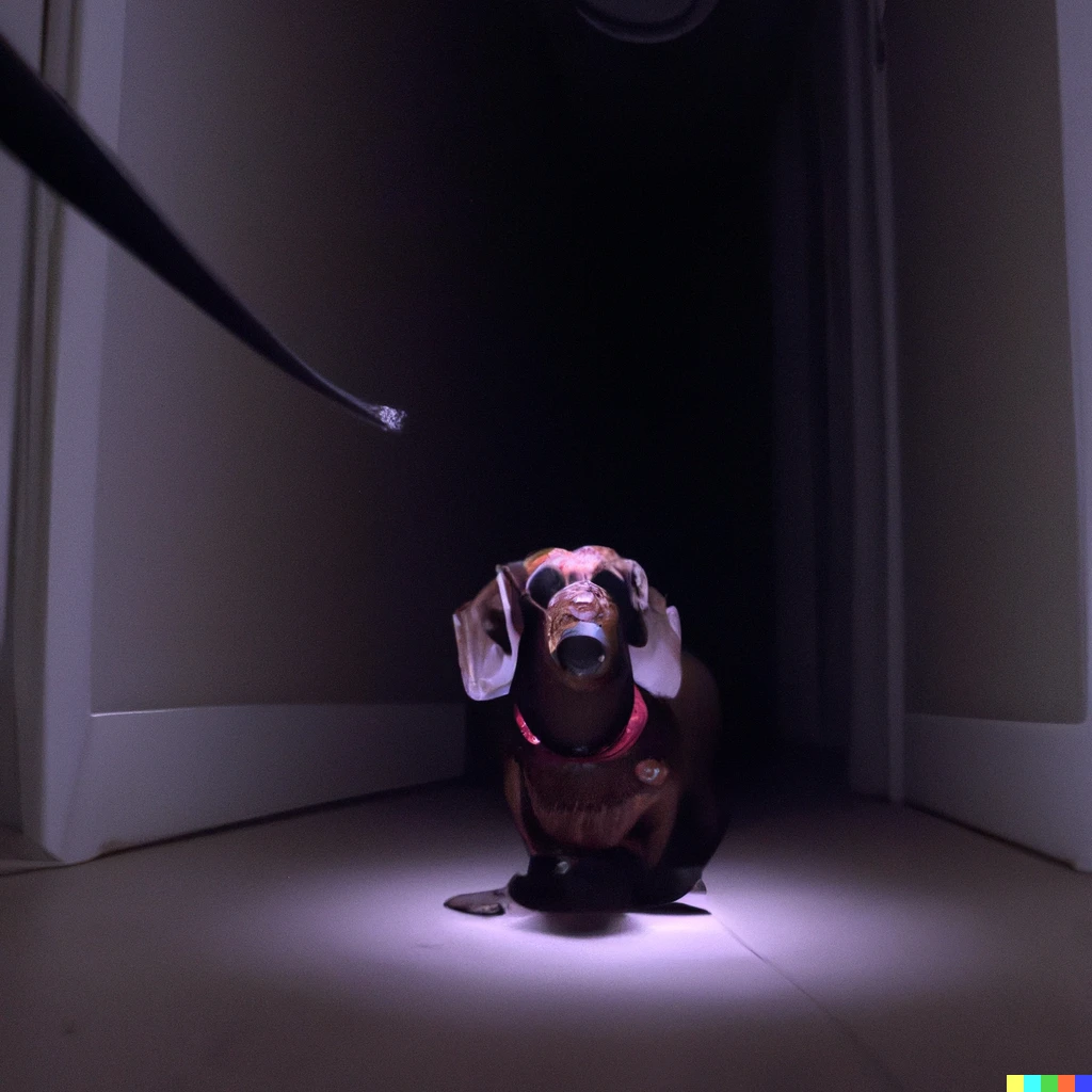 Prompt: dachsund standing in the middle of a dimly lit hallway, lit by flashlight from photographer's perspective, vhs footage, wide angle