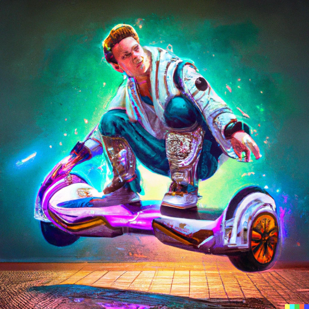 Prompt: Painting of Marty McFly wearing Nike Air Mags riding a hoverboard,LED, bright, detailed, digital art