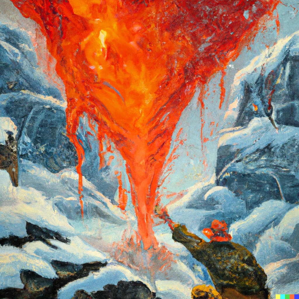 Prompt: norman rockwell painting of lava falling onto a block of ice, detailed, digital art