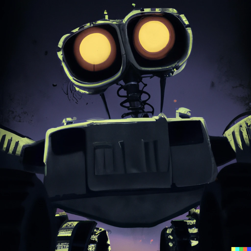 Prompt: WALL-E but it's a giant monster, digital art, creepy, detailed, dimly lit