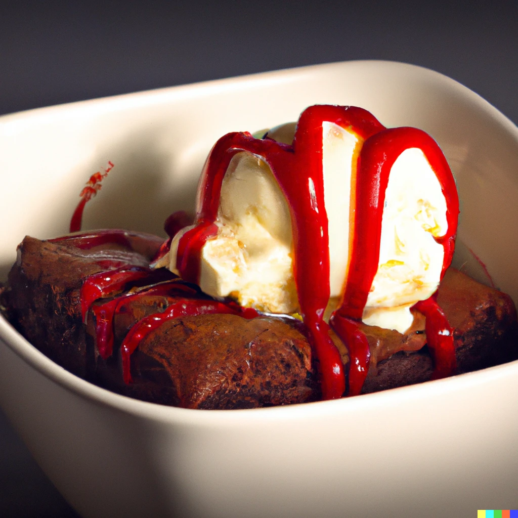 Prompt: A warm chocolate brownie in a bowl of vanilla ice cream and coated with tomato ketchup, studio lighting, recipe book photo