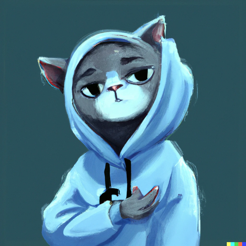 Prompt: a gray cat wearing a blue hoodie with a human body, digital art