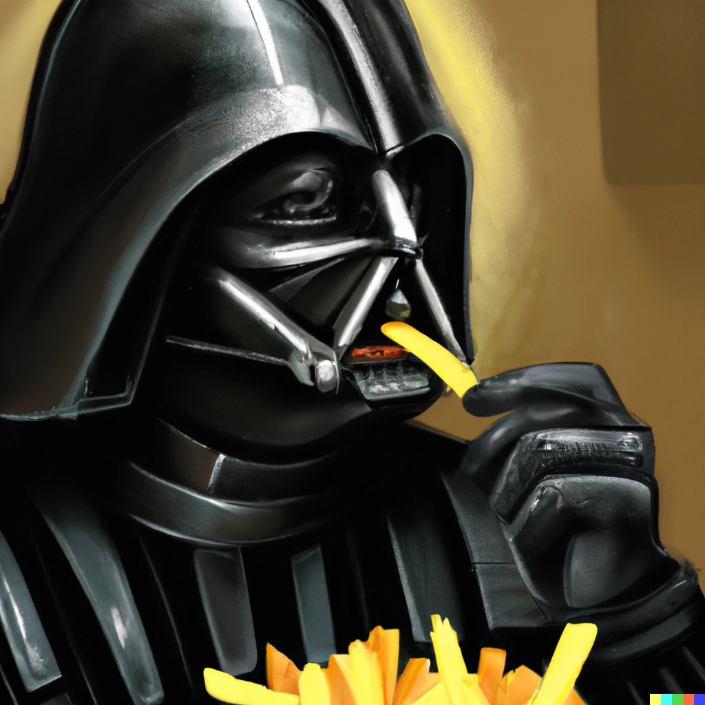 Prompt: darth vader eating french fries, realism, sharp, bright, digital art