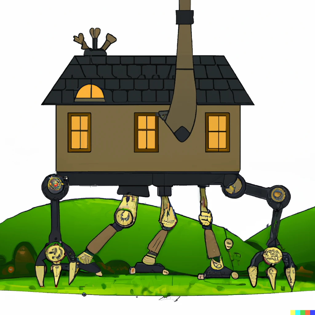 Prompt: steampunk house walking across grassy field, with mechanical legs digital art, adobe sticker illustration svg