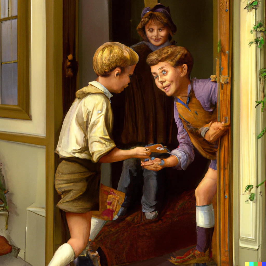 Prompt: Norman Rockwell painting of Charlie stealing a Golden Ticket from another kid, detailed, digital art