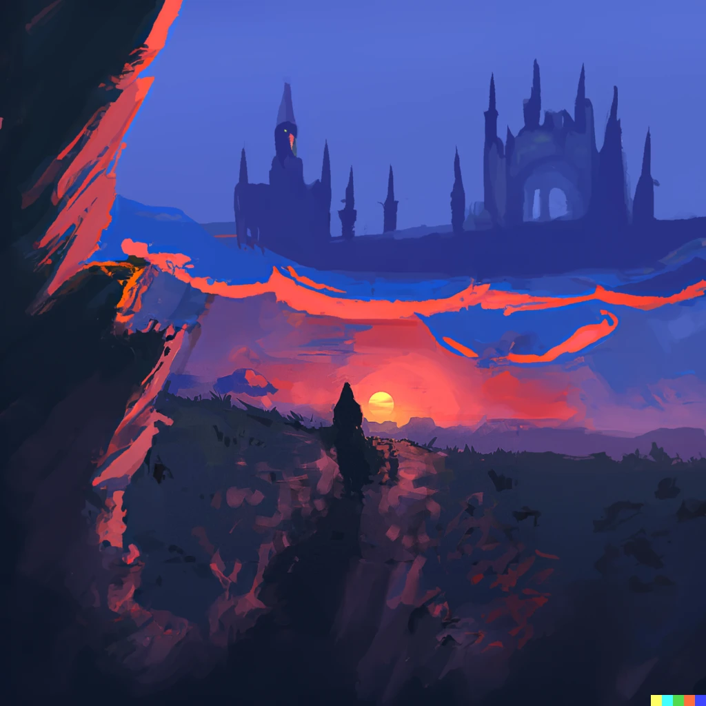 Prompt: sunset on mountain range with a giant castle depicted in the clouds