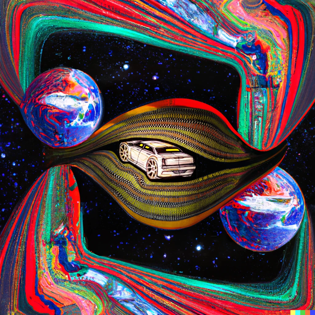 Prompt: a car in space with planets, alien saucers with beams, digital art