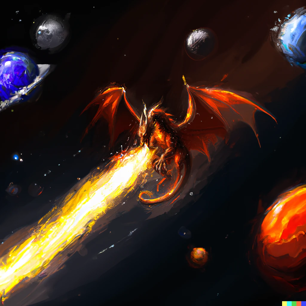 Prompt: fire breathing dragon with planets in space, digital art