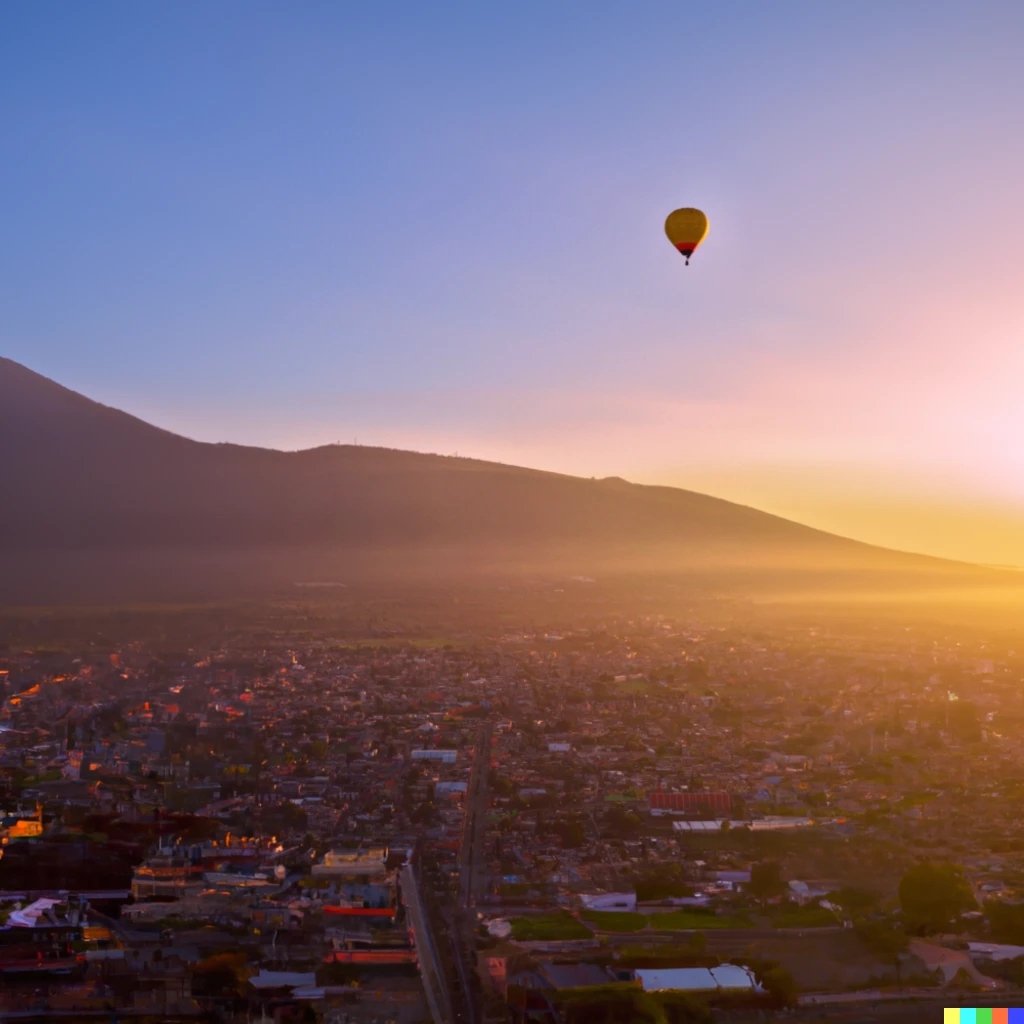 Prompt: mexican city at sunset, filmed from a hot air balloon, detailed, photograph