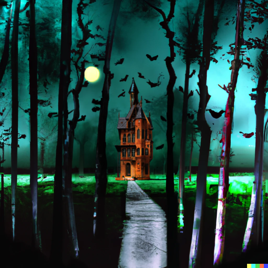 Prompt: haunted house in haunted forest, bright sky, by tim burton