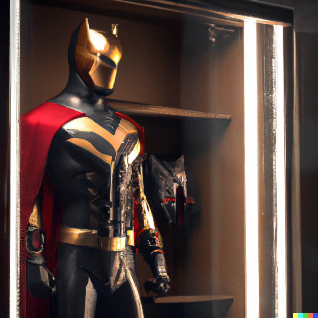 Prompt: iron man designed Batman suit in a glass case, concept art, spotlight, product photo, detailed, digital art