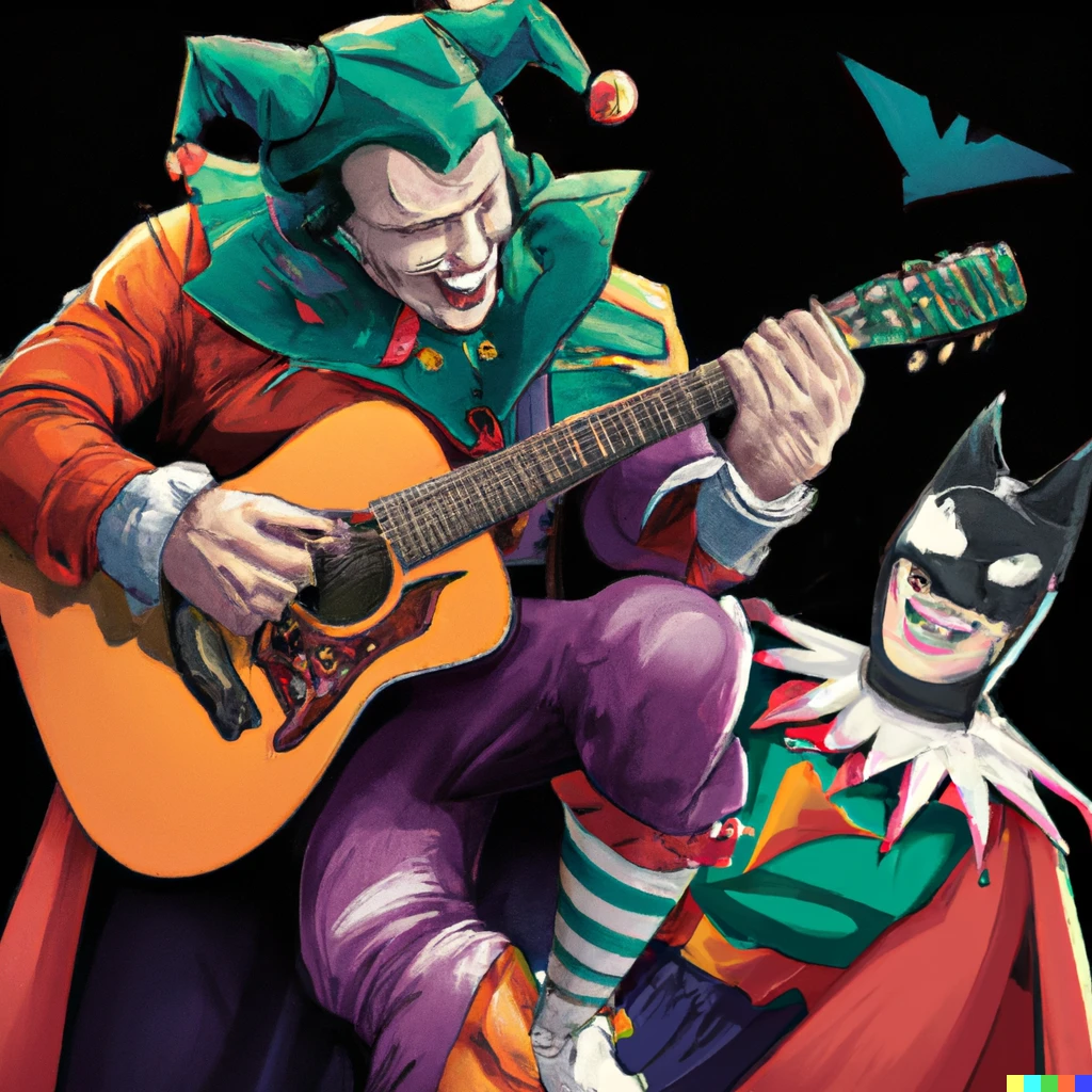 Prompt: batman playing guitar with the joker, movie poster, detailed, digital art