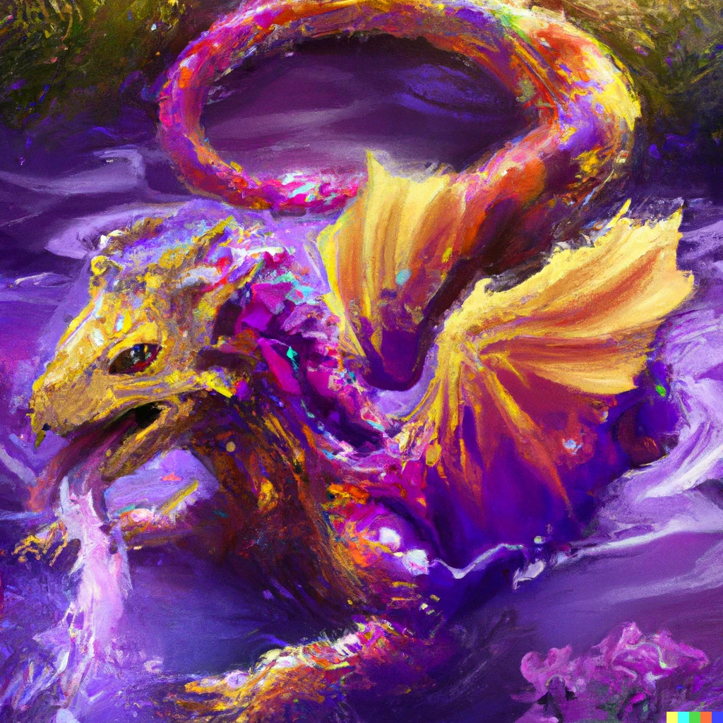 Prompt: a rainbow dragon in a purple healing pool of mustard, detailed, digital art