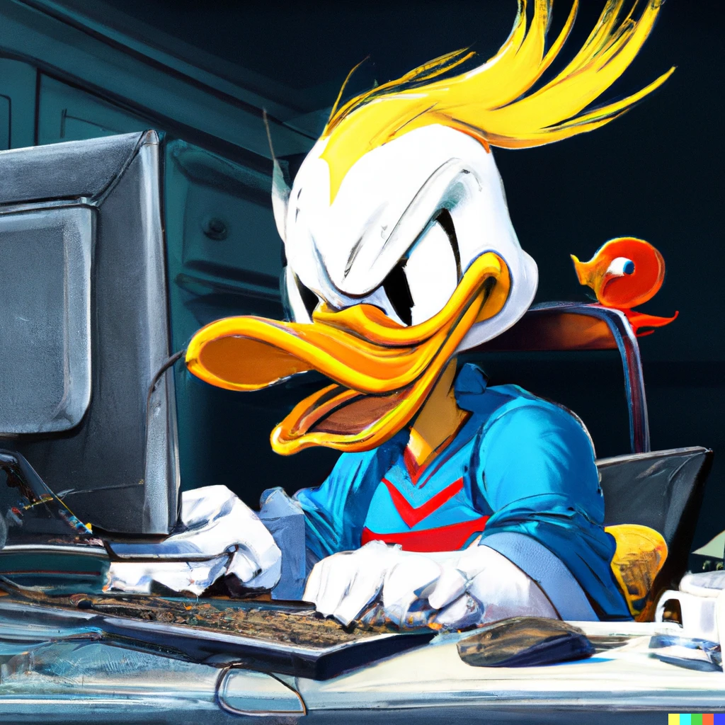 Prompt: donald duck angrily playing league of legends on his desktop computer, digital art
