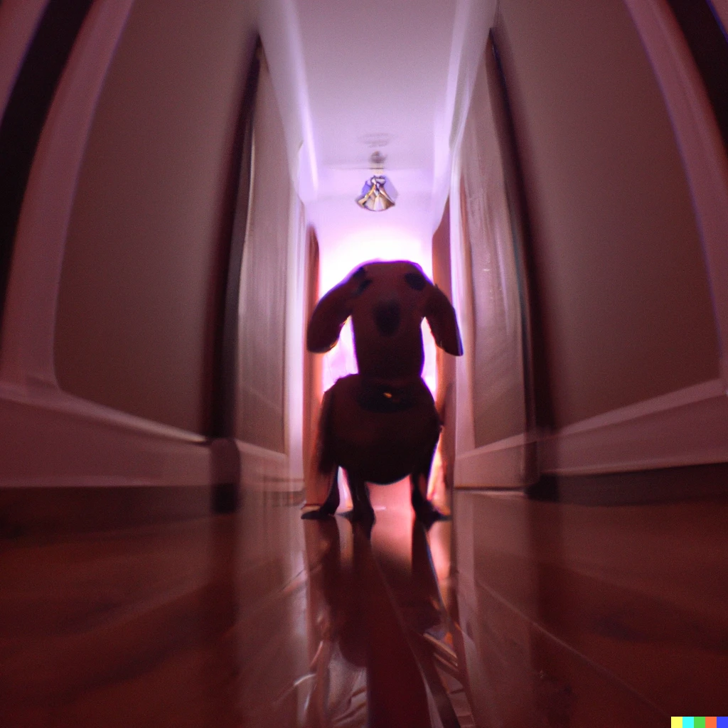 Prompt: dachsund standing in the middle of a dimly lit hallway, lit by flashlight from photographer's perspective, vhs footage, wide angle