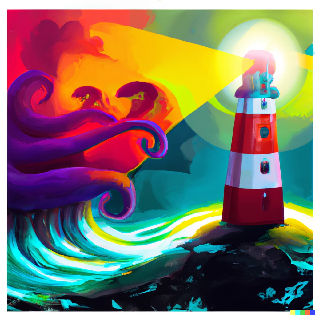 Prompt: lighthouse shining on waves