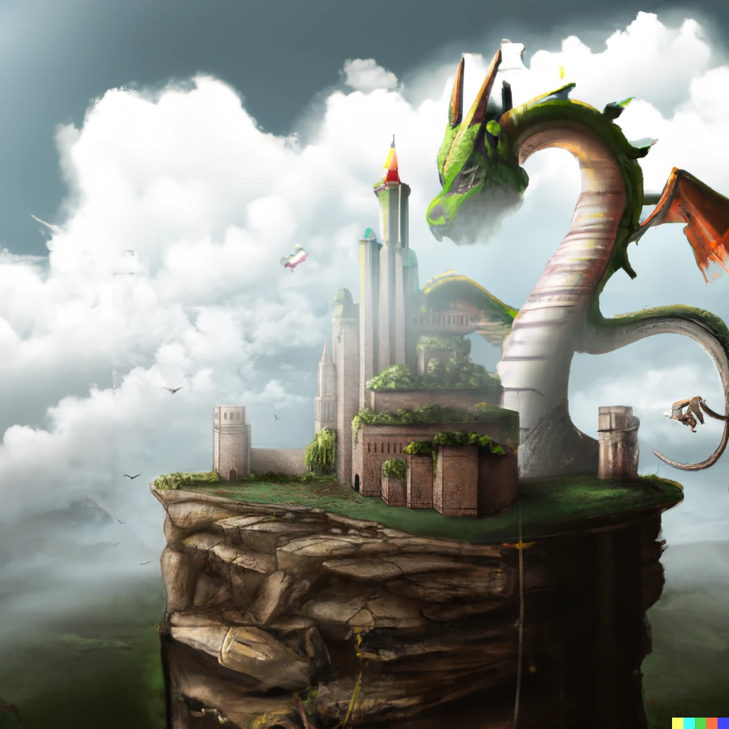 Prompt: dragon breathing fire with castle in the sky, on a floating island, detailed, digital art