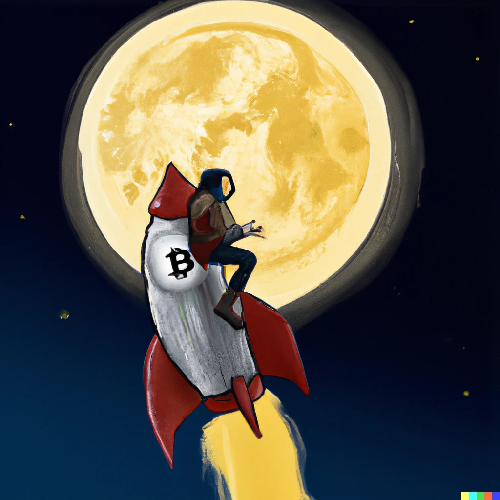 Prompt: bitcoin rocket, large moon, detailed , digital art