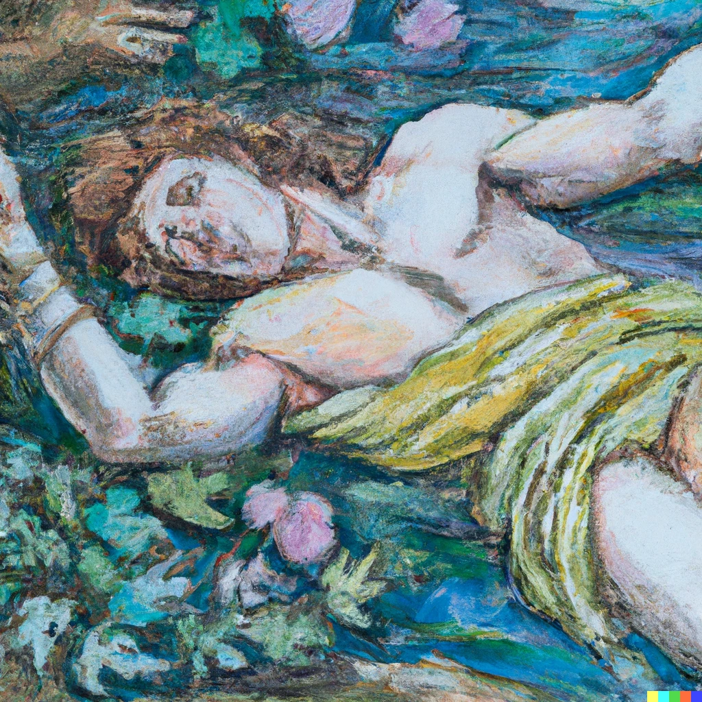 Prompt: A pale one-armed man from ancient Greece, lying in the water of a stony river, holding a laurel branch on his chest, in the style of the painting Ophelia by John Everett Millais