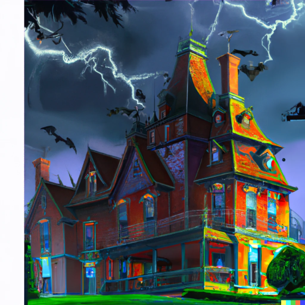 Prompt: norman rockwell painting of vampire on the roof of haunted mansion,, lightning, digital art