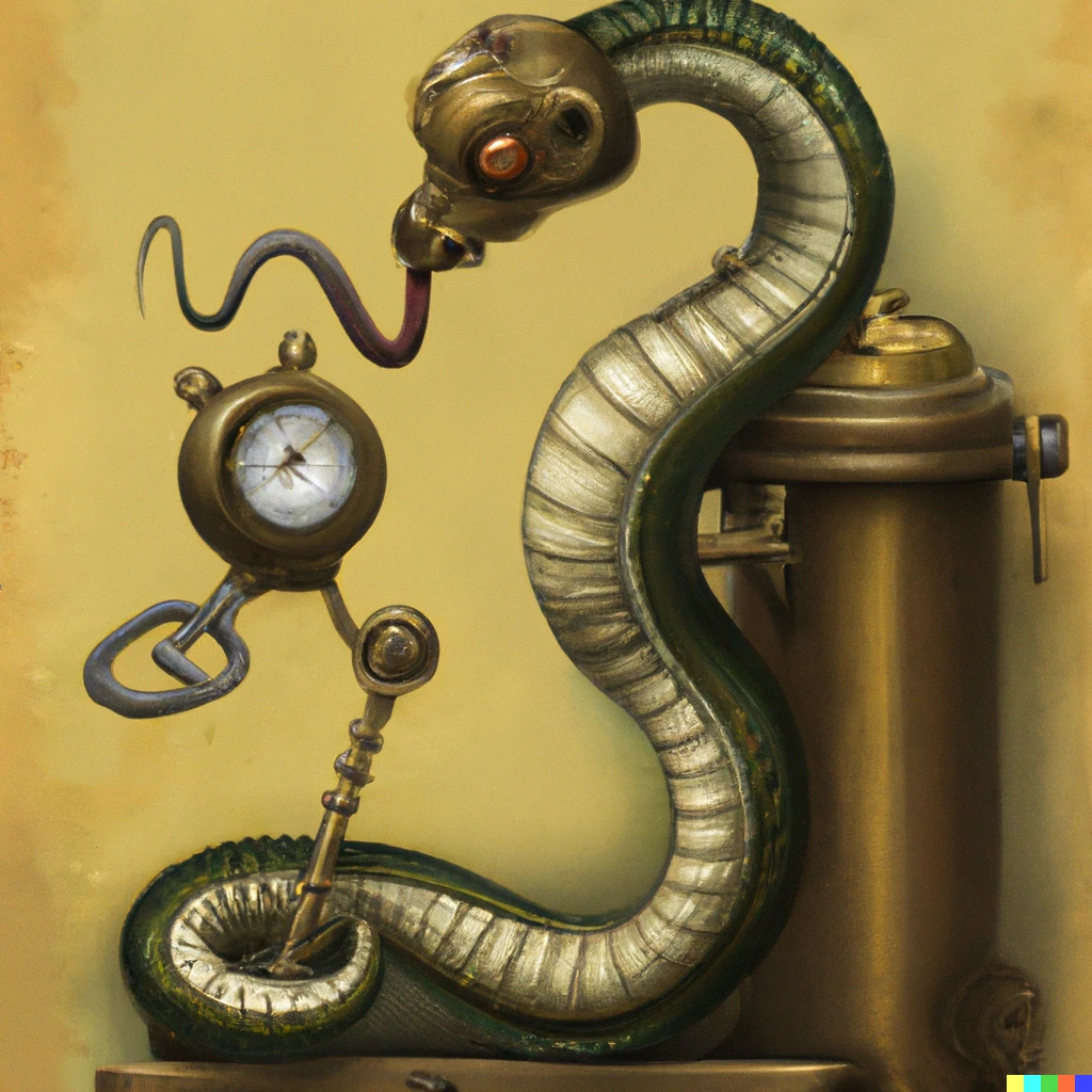 Prompt: norman rockwell painting of a steampunk snake