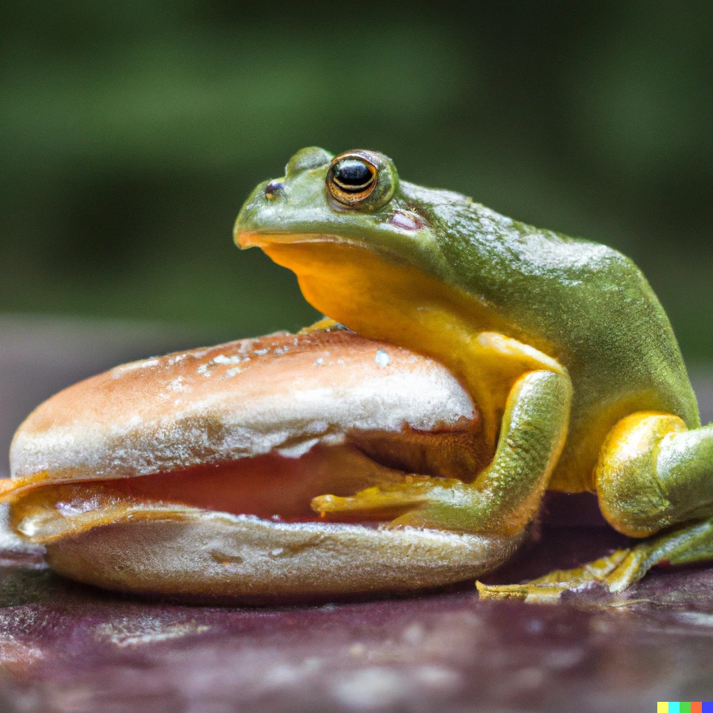 Prompt:  frog eating a cheeseburger, 4k, photograph
