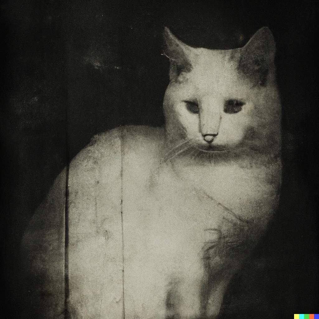 Prompt: a daguerreotype of a cat, black and white