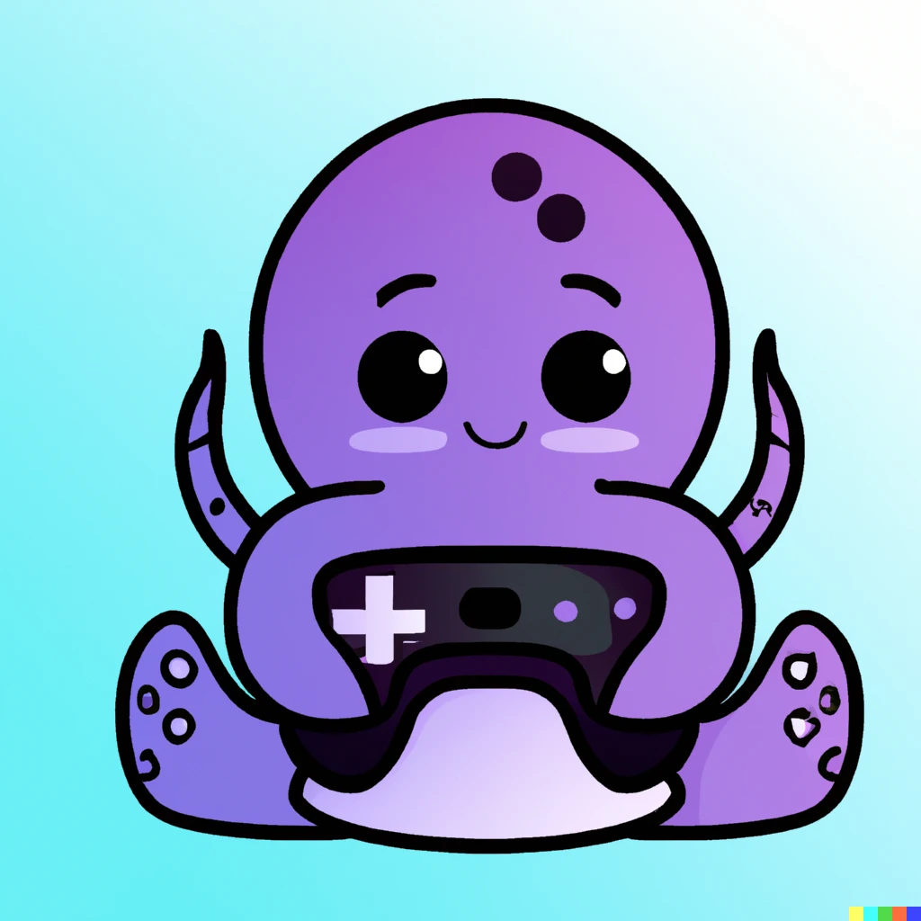 Prompt: A cute purple octopus playing video games