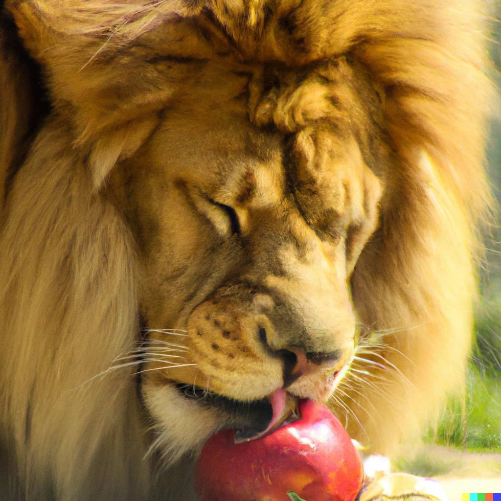 Prompt: Lion eating an apple