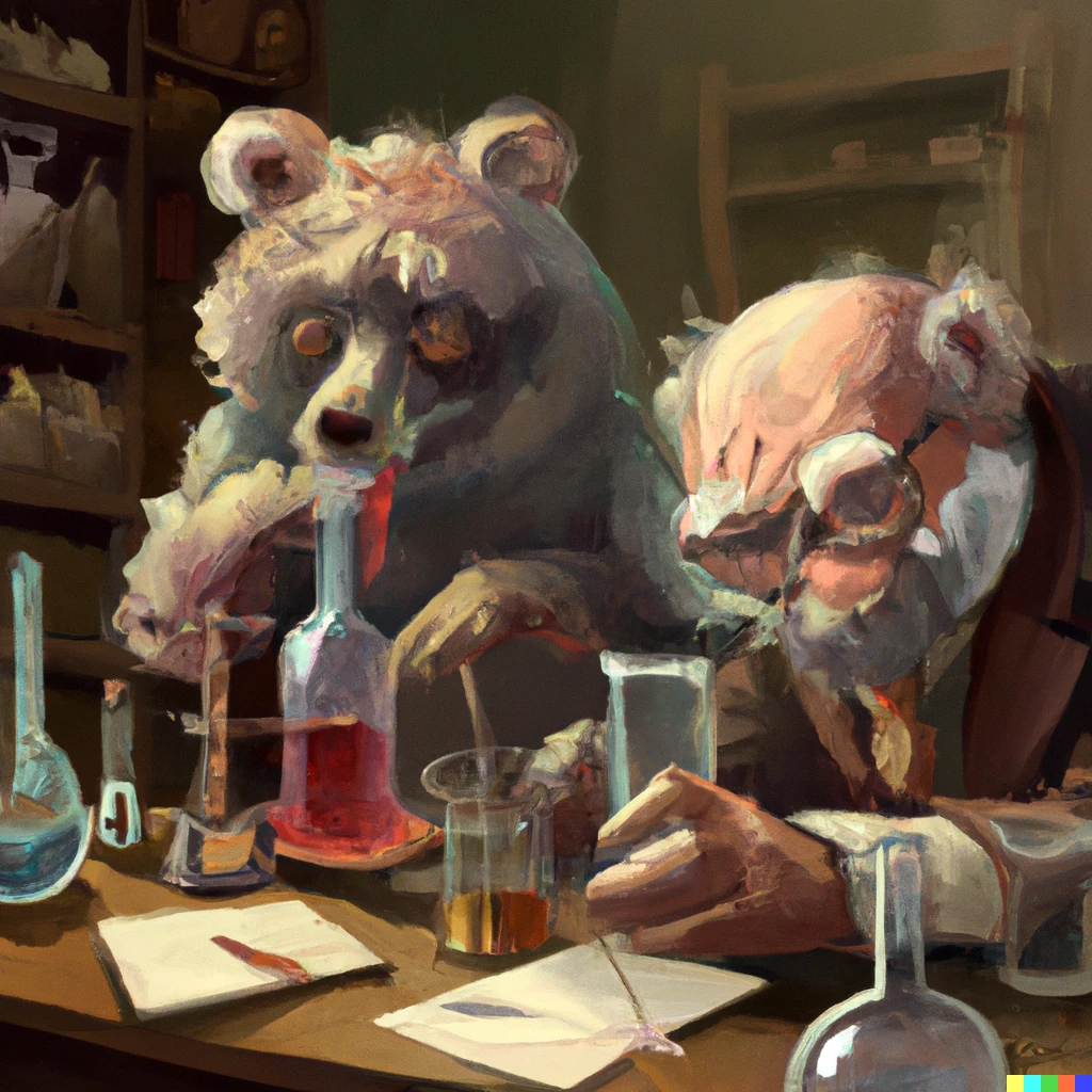 Prompt: Mad bear scientis experimenting with chemicals alongside Alfred Nobel, digital art