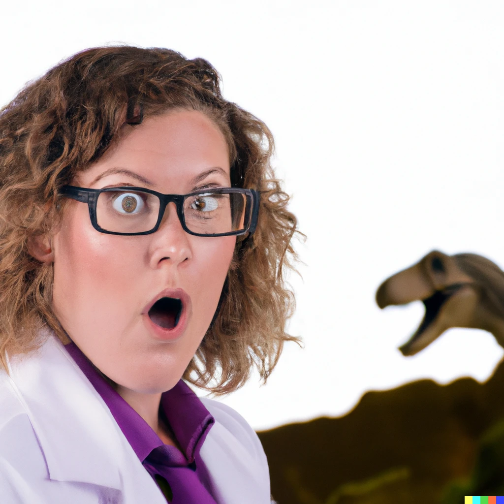 Prompt: Closeup on the facial expression of a scientist who has just seen a living dinosaur in the wild.