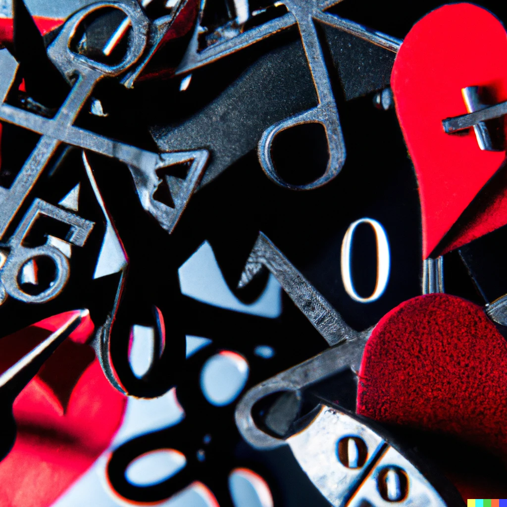 Prompt: Equation. Hearts. Vivid crisp macro photograph of paper cut outs and shiny objects. Gothic and foreboding.