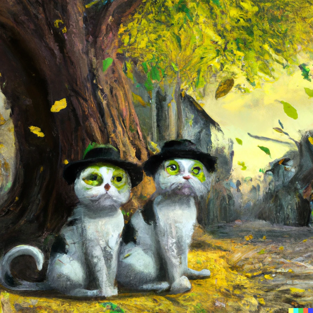 Prompt: Two homeless cats Waiting for Godot beside a country road with a five-leaf tree, digital art