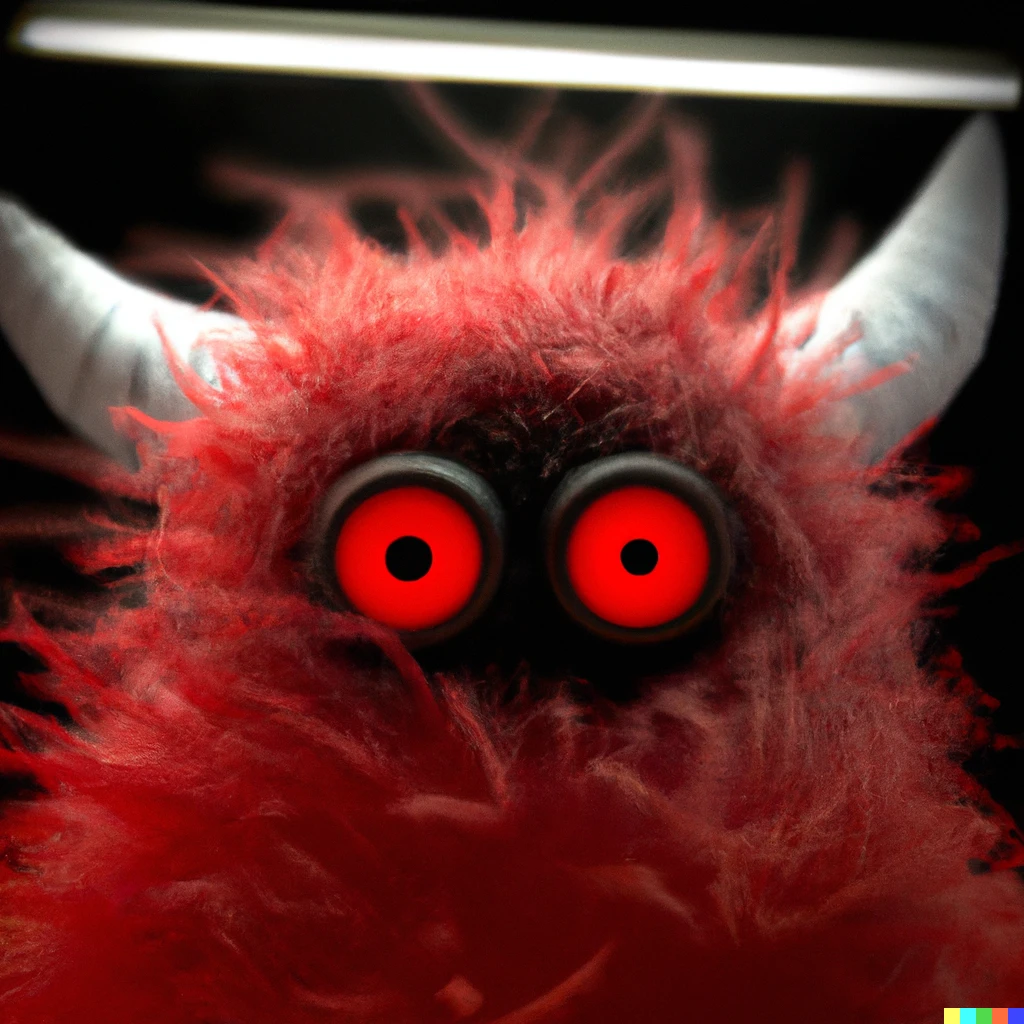 Prompt: A furry monster with red eyes staring at the camera in a black room 